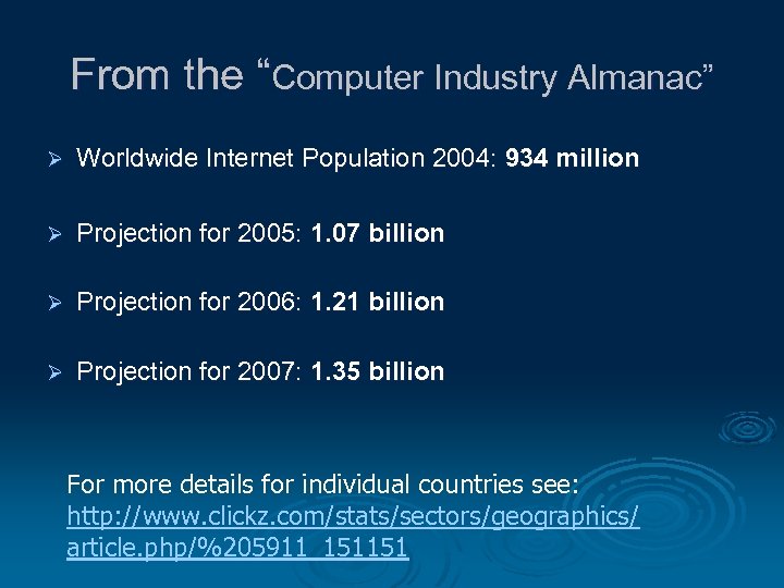 From the “Computer Industry Almanac” Ø Worldwide Internet Population 2004: 934 million Ø Projection