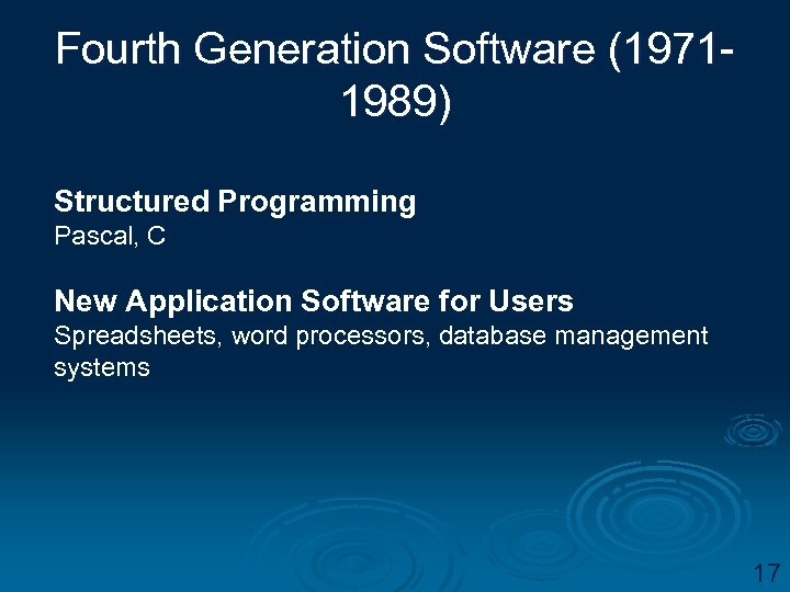 Fourth Generation Software (19711989) Structured Programming Pascal, C New Application Software for Users Spreadsheets,