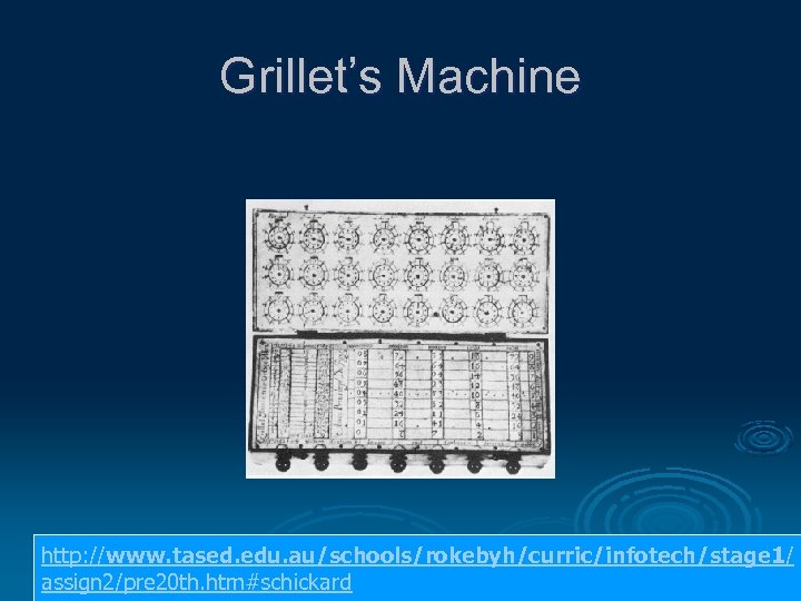 Grillet’s Machine http: //www. tased. edu. au/schools/rokebyh/curric/infotech/stage 1/ assign 2/pre 20 th. htm#schickard 