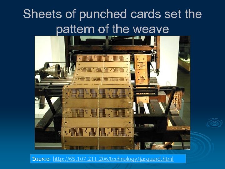 Sheets of punched cards set the pattern of the weave Source: http: //65. 107.