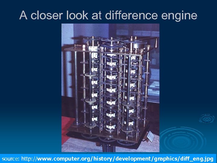 A closer look at difference engine source: http: //www. computer. org/history/development/graphics/diff_eng. jpg 