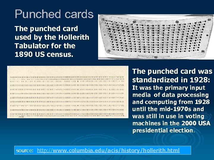 Punched cards The punched card used by the Hollerith Tabulator for the 1890 US
