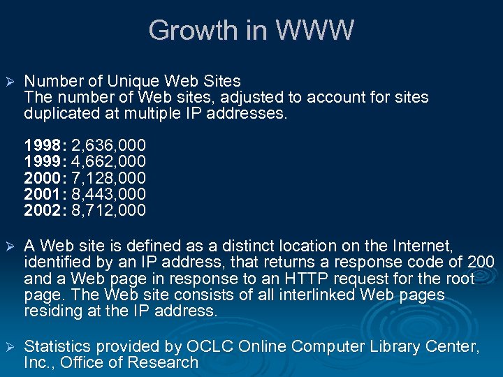 Growth in WWW Ø Number of Unique Web Sites The number of Web sites,