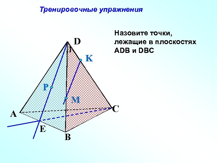 Тренировочные упражнения D K Назовите точки, лежащие в плоскостях АDB и DBC P M