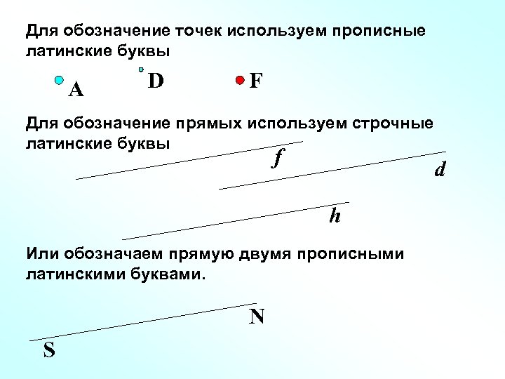 Для обозначение точек используем прописные латинские буквы A D F Для обозначение прямых используем