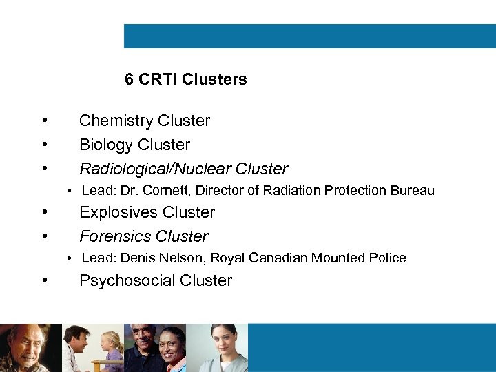 6 CRTI Clusters • • • Chemistry Cluster Biology Cluster Radiological/Nuclear Cluster • Lead: