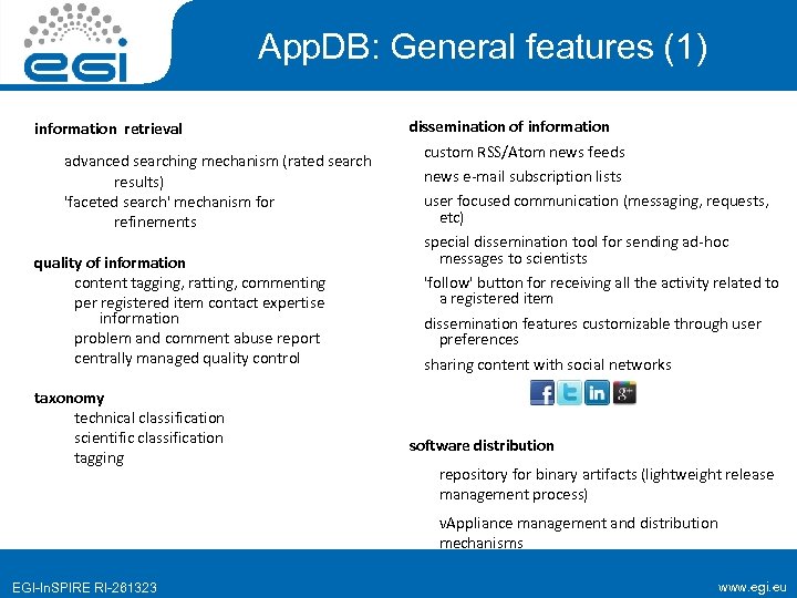 App. DB: General features (1) information retrieval advanced searching mechanism (rated search results) 'faceted