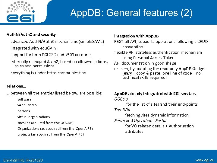 App. DB: General features (2) Auth. N/Auth. Z and security advanced Auth. N/Auth. Z