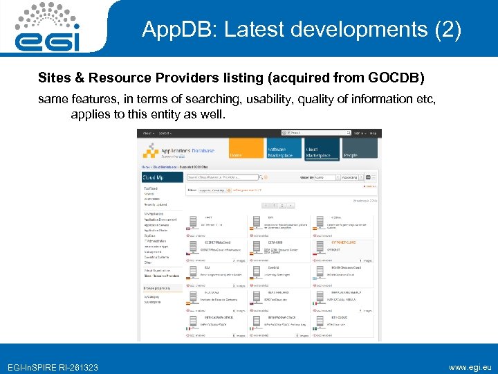 App. DB: Latest developments (2) Sites & Resource Providers listing (acquired from GOCDB) same