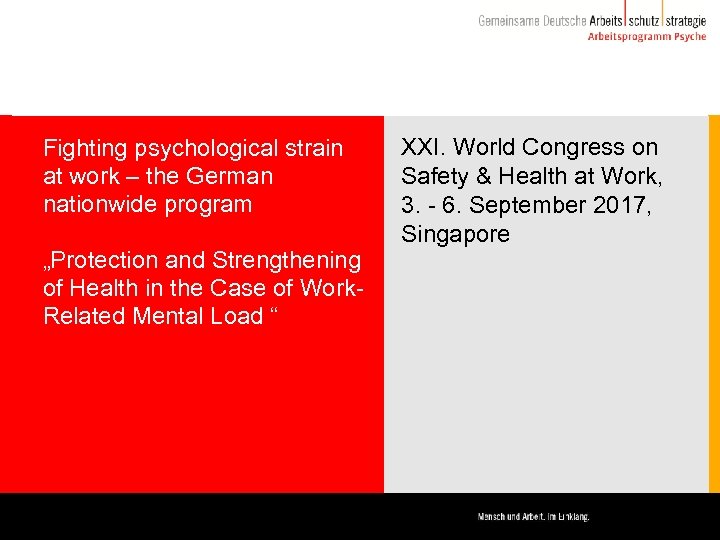 Fighting psychological strain at work – the German nationwide program „Protection and Strengthening of