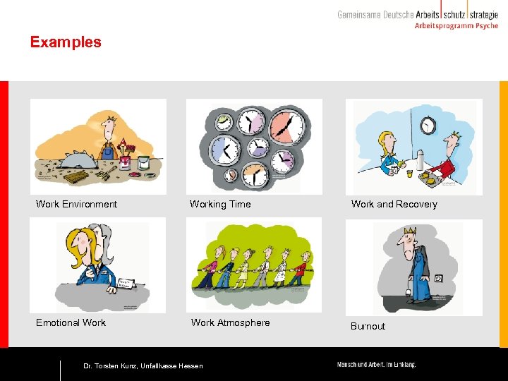 Examples Work Environment Working Time Work and Recovery Emotional Work Atmosphere Burnout 12 Dr.