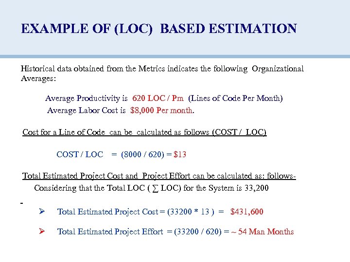 EXAMPLE OF (LOC) BASED ESTIMATION Historical data obtained from the Metrics indicates the following