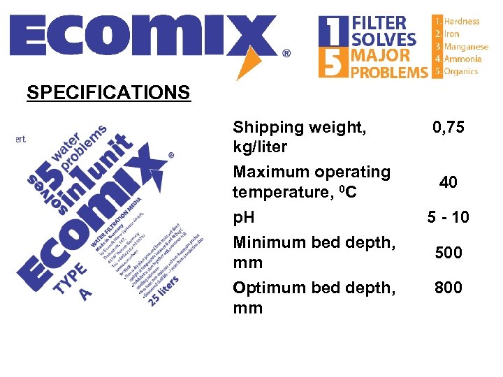 SPECIFICATIONS Shipping weight, kg/liter Maximum operating temperature, 0 C p. H Minimum bed depth,