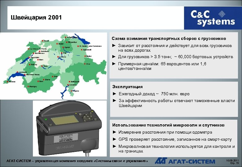 Швейцария 2001 Схема взимания транспортных сборов с грузовиков ► Зависит от расстояния и действует