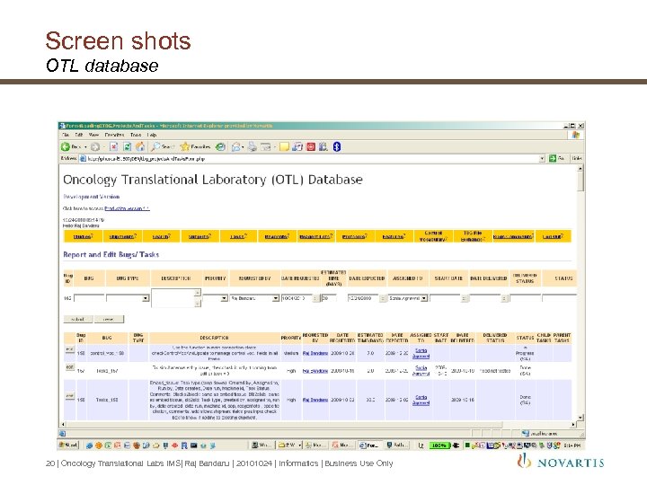 Screen shots OTL database 20 | Oncology Translational Labs IMS| Raj Bandaru | 20101024