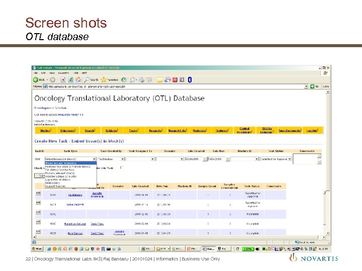 Screen shots OTL database 22 | Oncology Translational Labs IMS| Raj Bandaru | 20101024