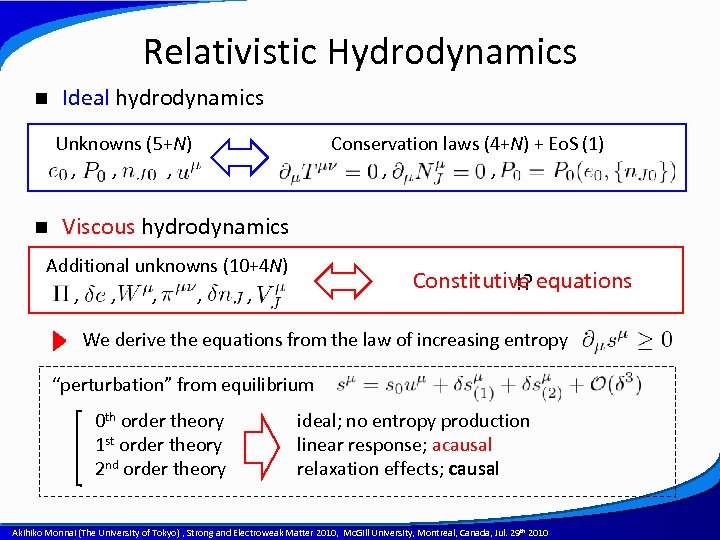 Relativistic Hydrodynamics n Ideal hydrodynamics Unknowns (5+N) 　　, , , n Conservation laws (4+N)