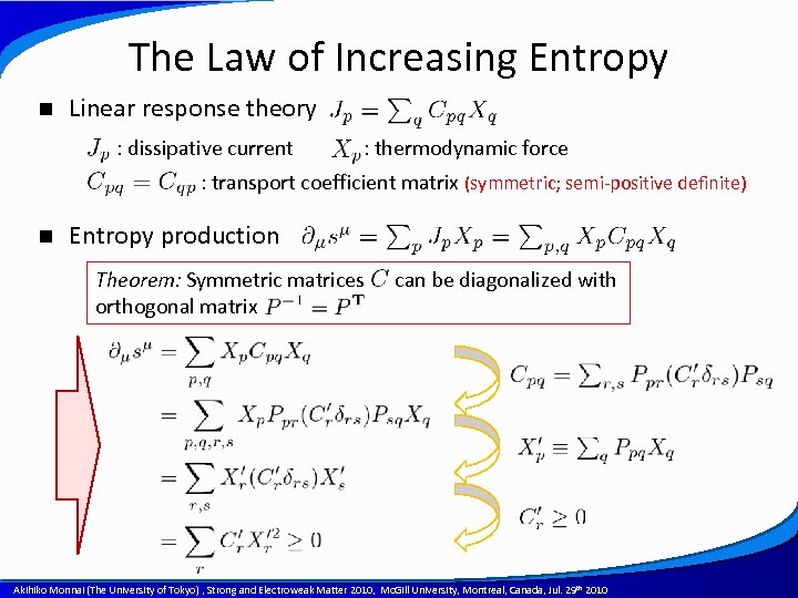 The Law of Increasing Entropy n Linear response theory : dissipative current : thermodynamic
