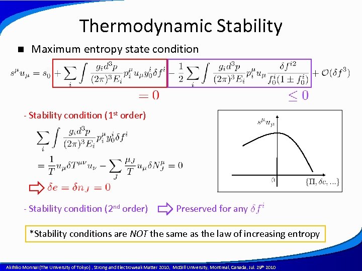 Thermodynamic Stability n Maximum entropy state condition - Stability condition (1 st order) -