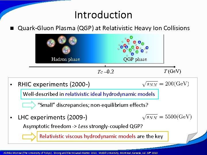 Introduction n Quark-Gluon Plasma (QGP) at Relativistic Heavy Ion Collisions Hadron phase QGP phase