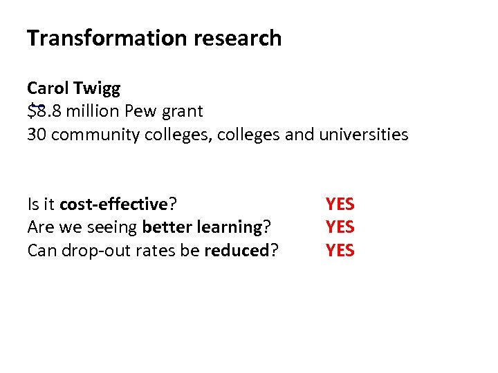 Transformation research Carol Twigg $8. 8 million Pew grant 30 community colleges, colleges and