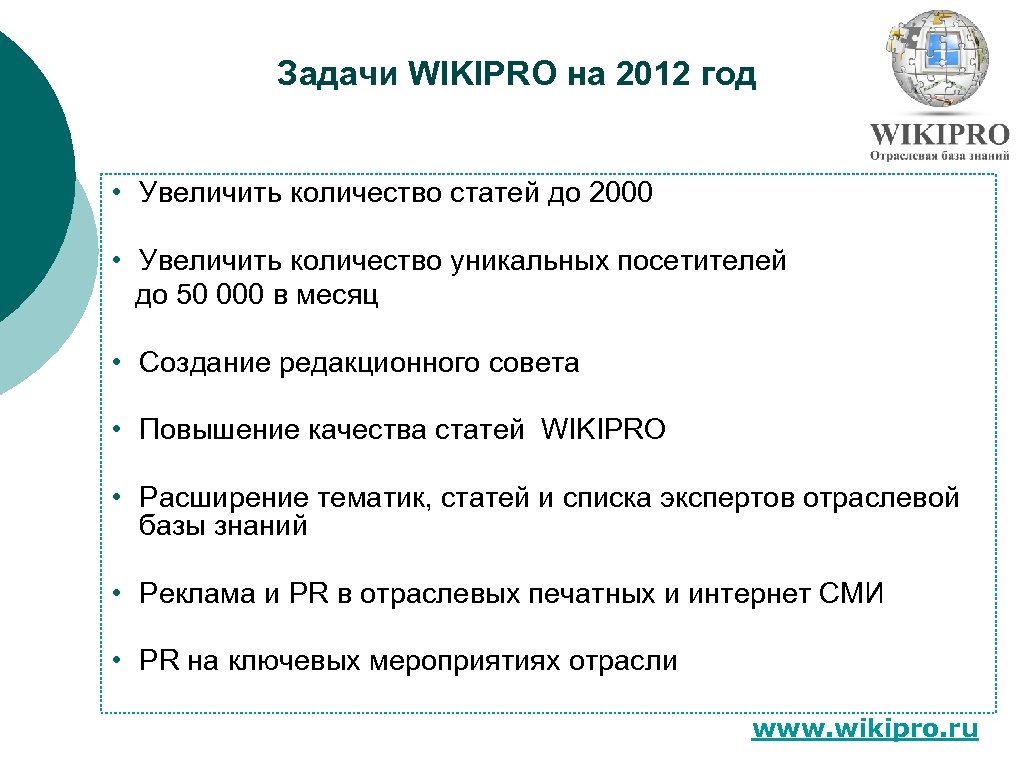 Задачи WIKIPRO на 2012 год • Увеличить количество статей до 2000 • Увеличить количество