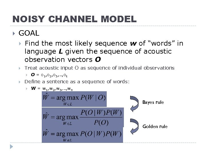 NOISY CHANNEL MODEL GOAL Find the most likely sequence w of “words” in language