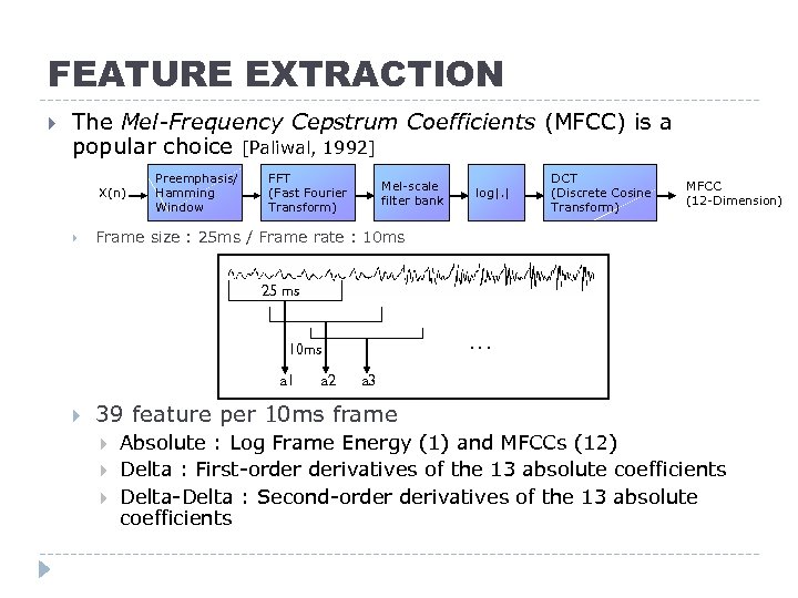 FEATURE EXTRACTION The Mel-Frequency Cepstrum Coefficients (MFCC) is a popular choice [Paliwal, 1992] X(n)