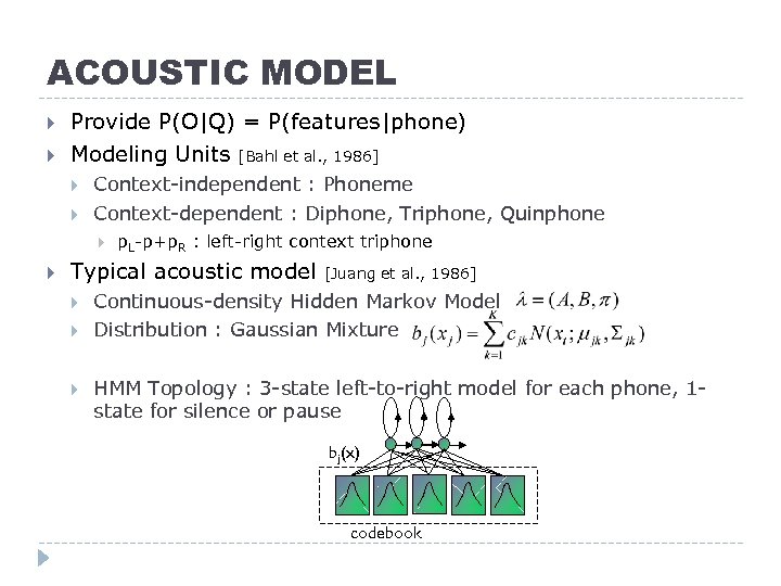 ACOUSTIC MODEL Provide P(O|Q) = P(features|phone) Modeling Units [Bahl et al. , 1986] Context-independent