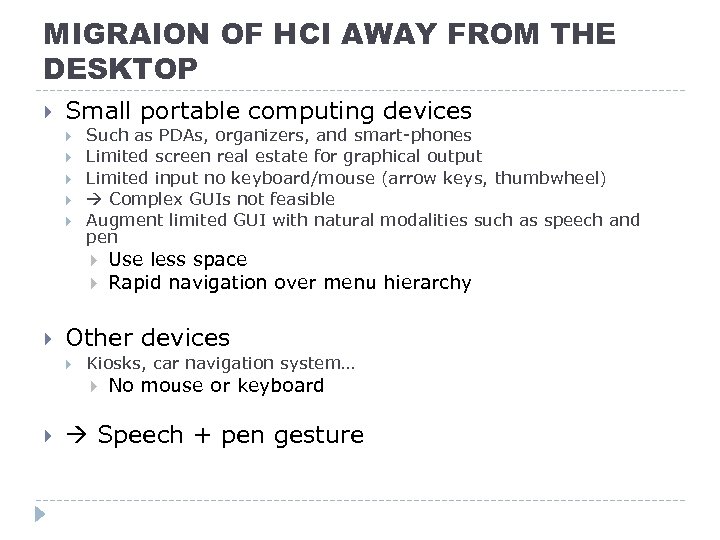 MIGRAION OF HCI AWAY FROM THE DESKTOP Small portable computing devices Such as PDAs,