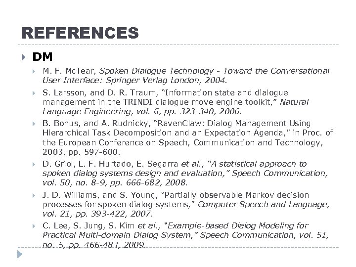 REFERENCES DM M. F. Mc. Tear, Spoken Dialogue Technology - Toward the Conversational User