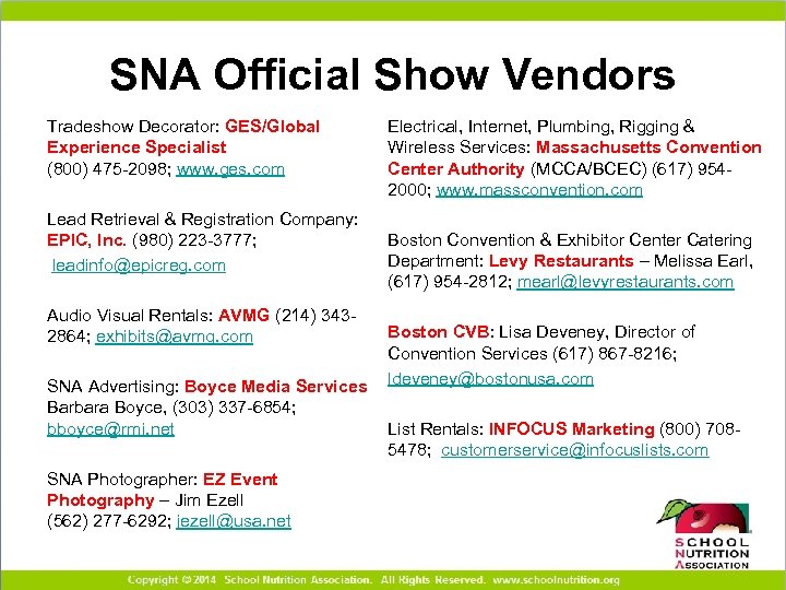 SNA Official Show Vendors Tradeshow Decorator: GES/Global Experience Specialist (800) 475 -2098; www. ges.