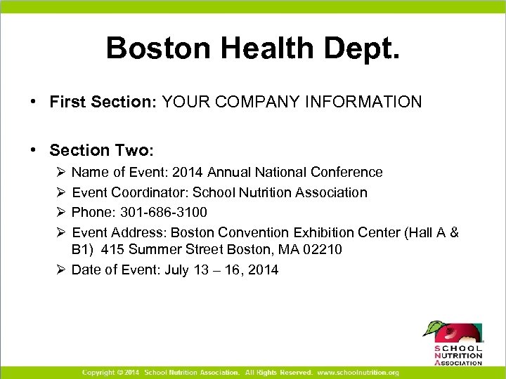 Boston Health Dept. • First Section: YOUR COMPANY INFORMATION • Section Two: Ø Ø