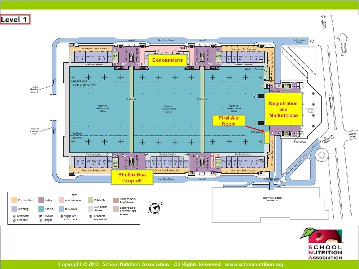 Concessions First Aid Room Shuttle Bus Drop-off Registration and Marketplace 