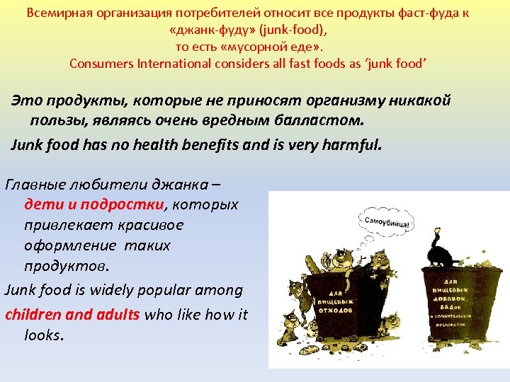 Всемирная организация потребителей относит все продукты фаст-фуда к «джанк-фуду» (junk-food), то есть «мусорной еде»