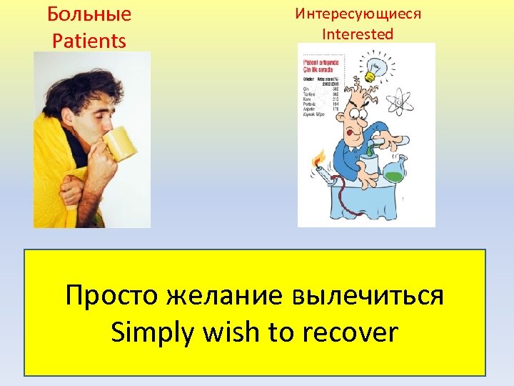 Больные Patients Интересующиеся Interested 1. Самопознание. 2. Любые аспекты исследования личности. 3. Выработка решения