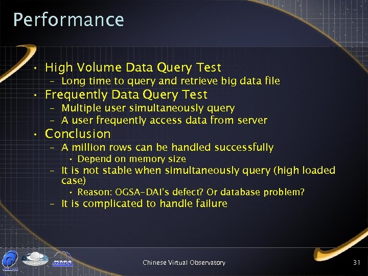 Performance • High Volume Data Query Test – Long time to query and retrieve