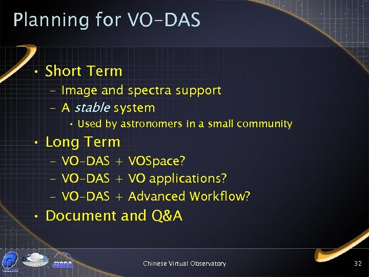 Planning for VO-DAS • Short Term – Image and spectra support – A stable