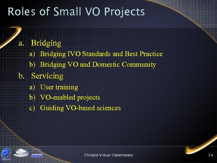 Roles of Small VO Projects a. Bridging a) Bridging IVO Standards and Best Practice