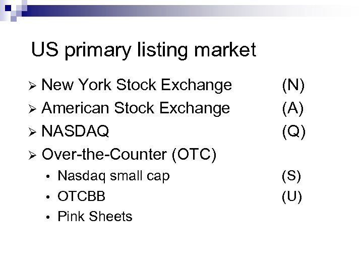 US primary listing market New York Stock Exchange Ø American Stock Exchange Ø NASDAQ