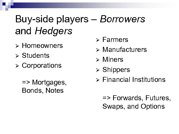 Buy-side players – Borrowers and Hedgers Ø Ø Ø Homeowners Students Corporations => Mortgages,