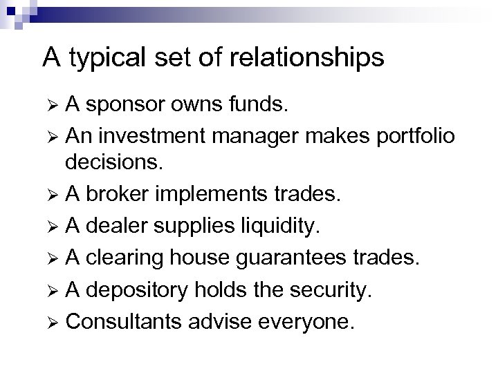 A typical set of relationships A sponsor owns funds. Ø An investment manager makes