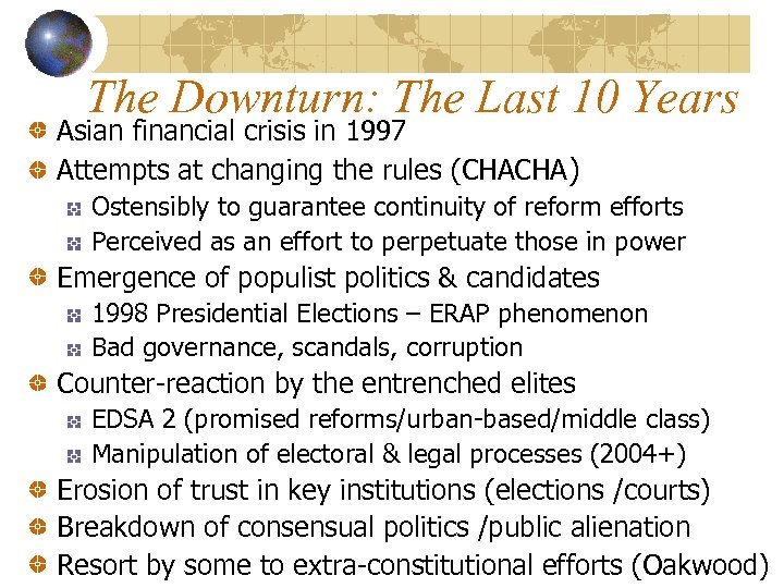 The Downturn: The Last 10 Years Asian financial crisis in 1997 Attempts at changing