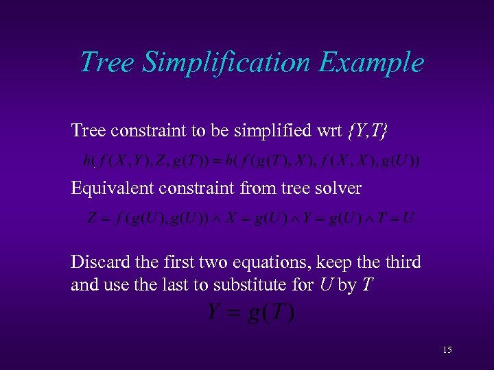 Tree Simplification Example Tree constraint to be simplified wrt {Y, T} Equivalent constraint from