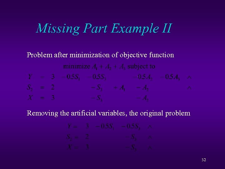 Missing Part Example II Problem after minimization of objective function Removing the artificial variables,