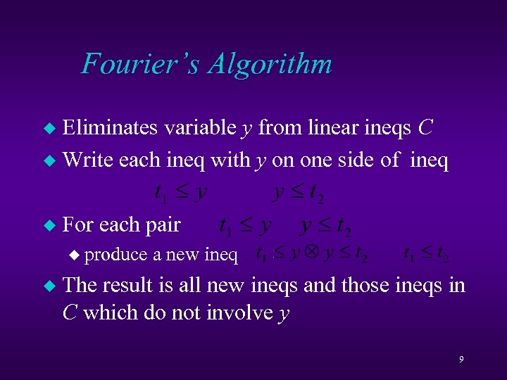 Fourier’s Algorithm Eliminates variable y from linear ineqs C u Write each ineq with