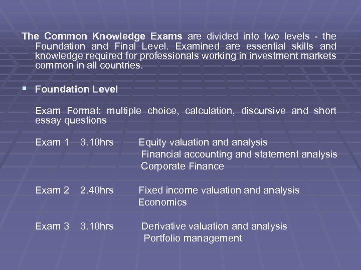 The Common Knowledge Exams are divided into two levels - the Foundation and Final