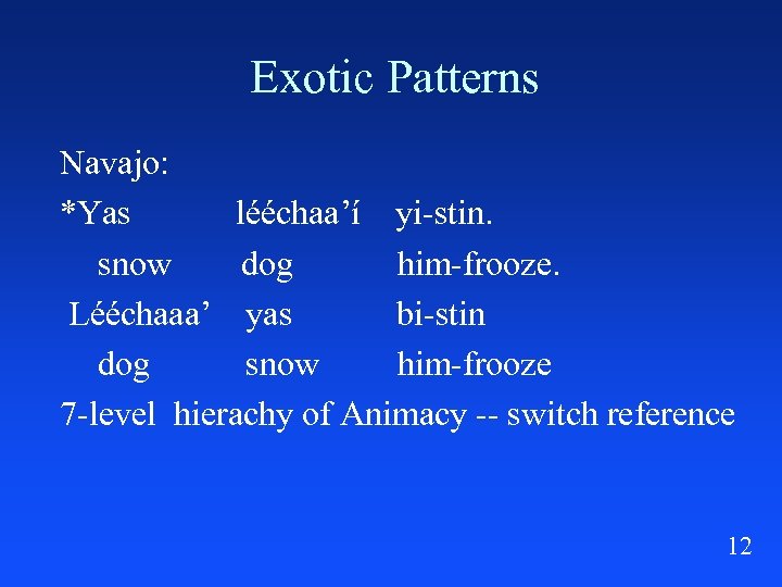 Exotic Patterns Navajo: *Yas lééchaa’í yi-stin. snow dog him-frooze. Lééchaaa’ yas bi-stin dog snow