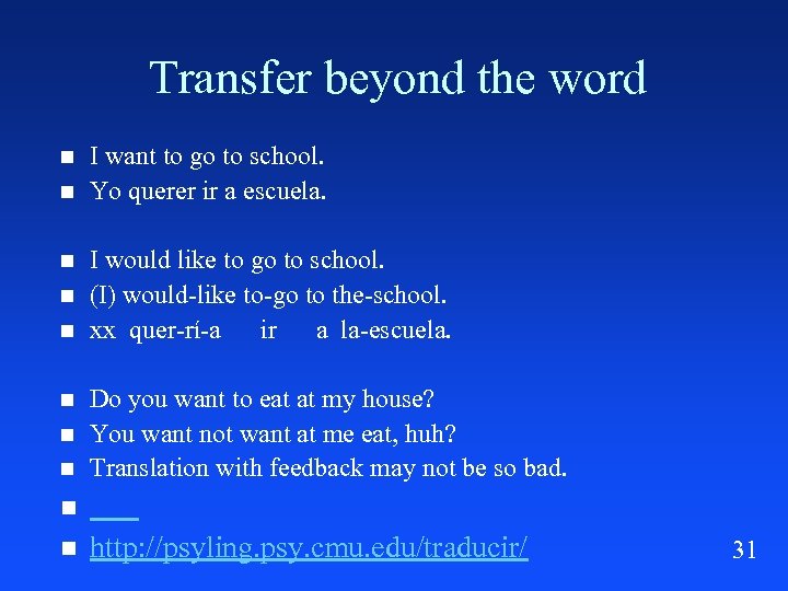 Transfer beyond the word I want to go to school. Yo querer ir a