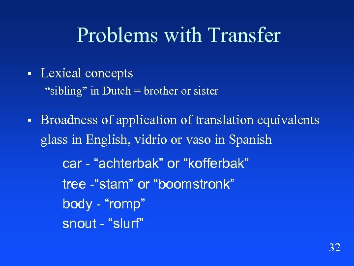 Problems with Transfer § Lexical concepts “sibling” in Dutch = brother or sister §